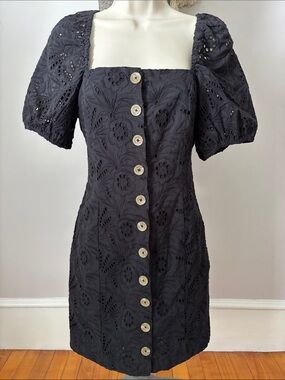 Free People Black Eyelet Button-Front Square Neck Dress 100% cotton fully lined.